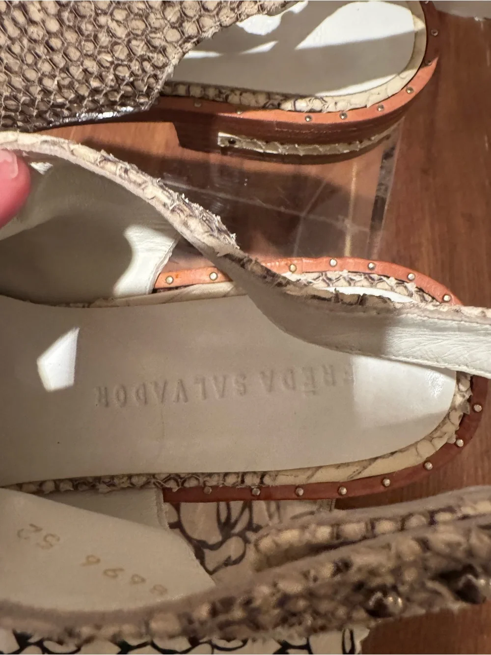 Freda Salvador, the  ‘Rush’ Cream & Taupe Snakeskin Slingback Shoes. Size 9.5